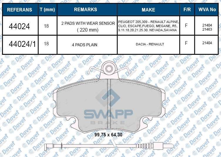 SWAPP 44024 Fren Balatasi On Fissiz R9-R11-R19-R21-Clio I-Ii-Megane I-Expres-Symbol I-Ii-Twingo-Logan-Sandero-Solenza Wva 21463
